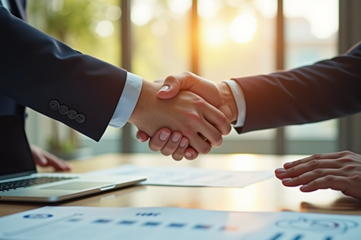 Poignée de main entre un dirigeant et un client en bureau moderne