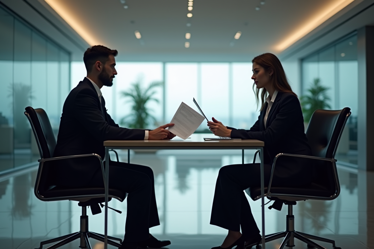 Deux professionnels présentant des preuves dans une salle moderne