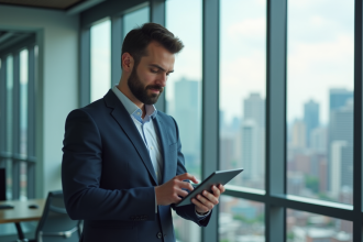 Professionnel confiant analysant des données sur une tablette dans un bureau moderne