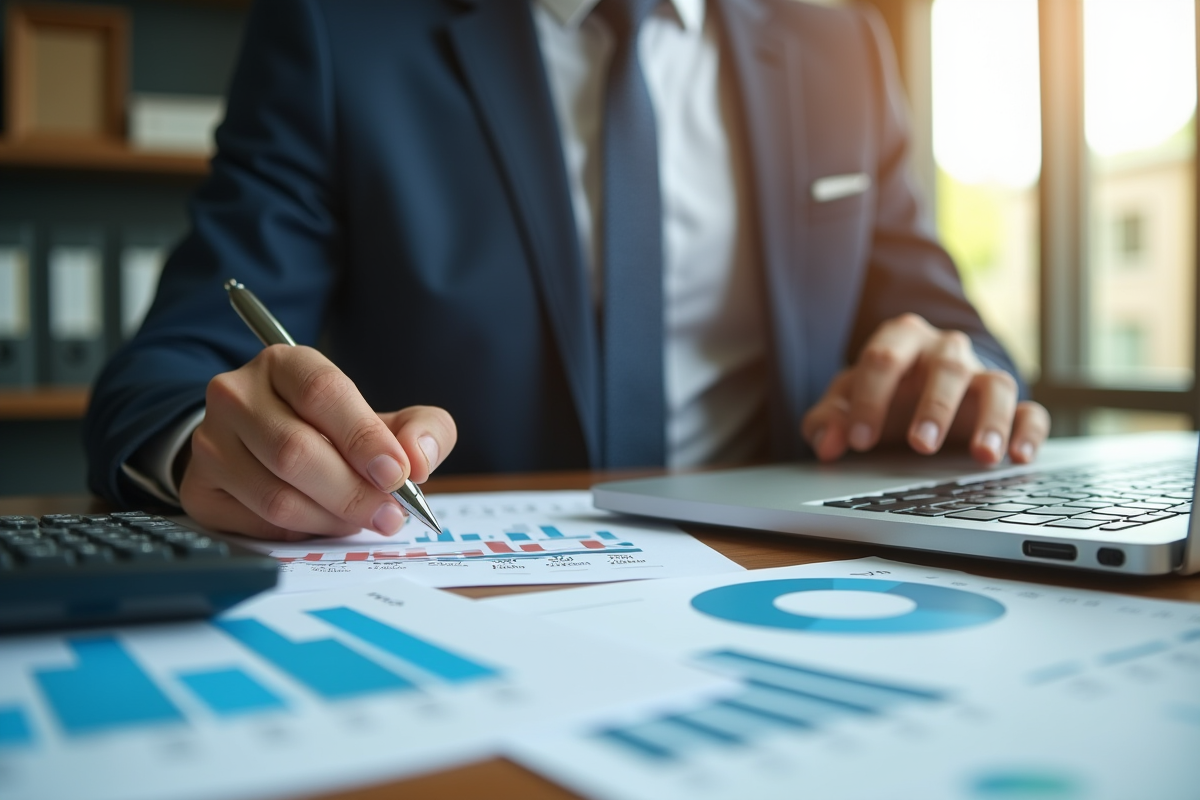 Professionnel en bureau moderne examinant des documents financiers
