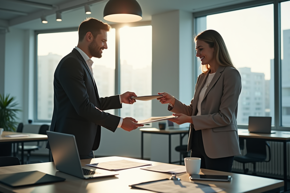 Deux professionnels en bureau moderne échangeant un document