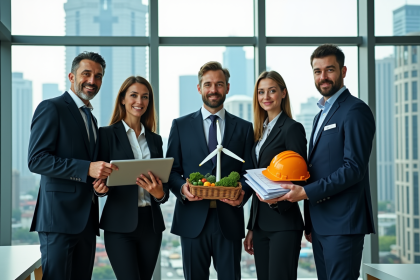 Groupe de professionnels avec symboles des secteurs clés