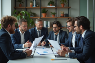 Groupe de professionnels en réunion dans un bureau moderne