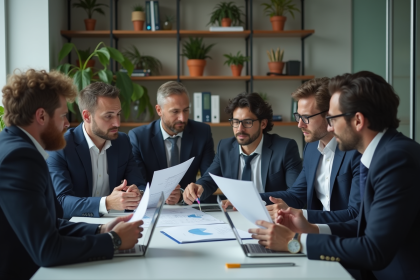 Groupe de professionnels en réunion dans un bureau moderne