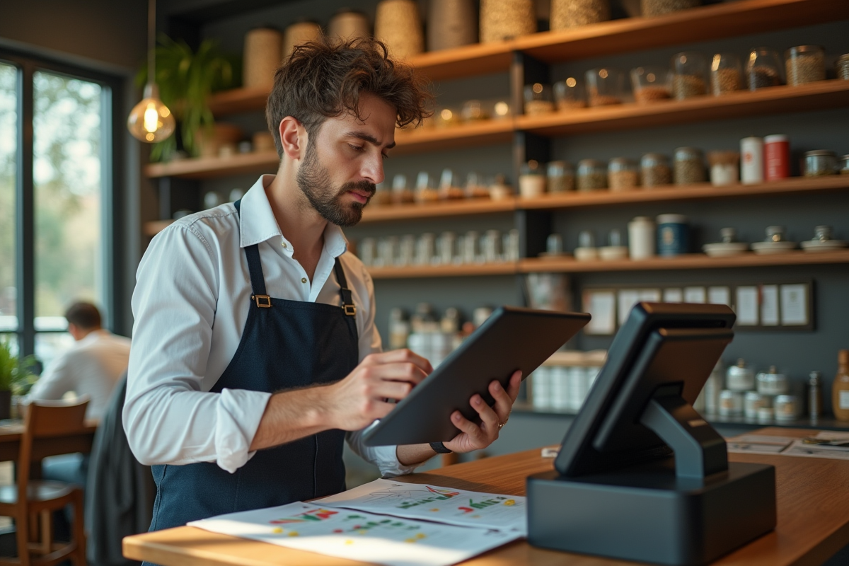 Proprietaire de boutique de thé examinant des graphiques financiers