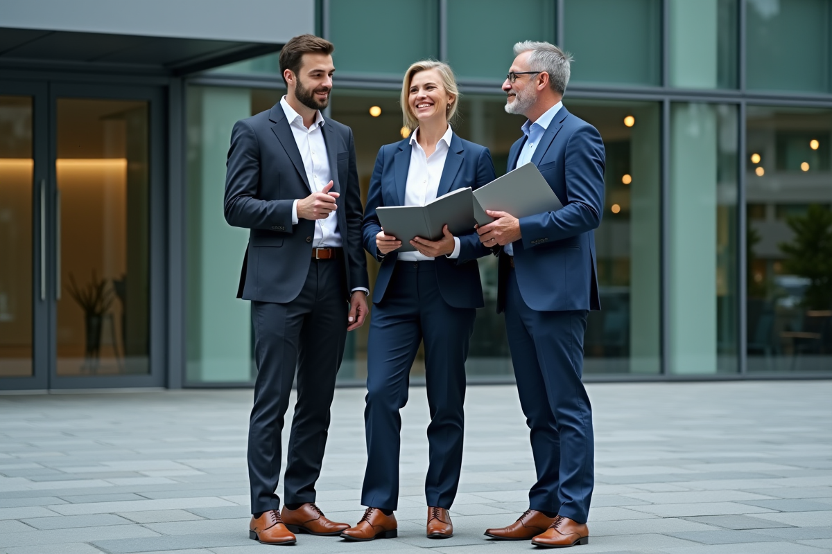 Trois professionnels discutent en extérieur devant un bâtiment moderne