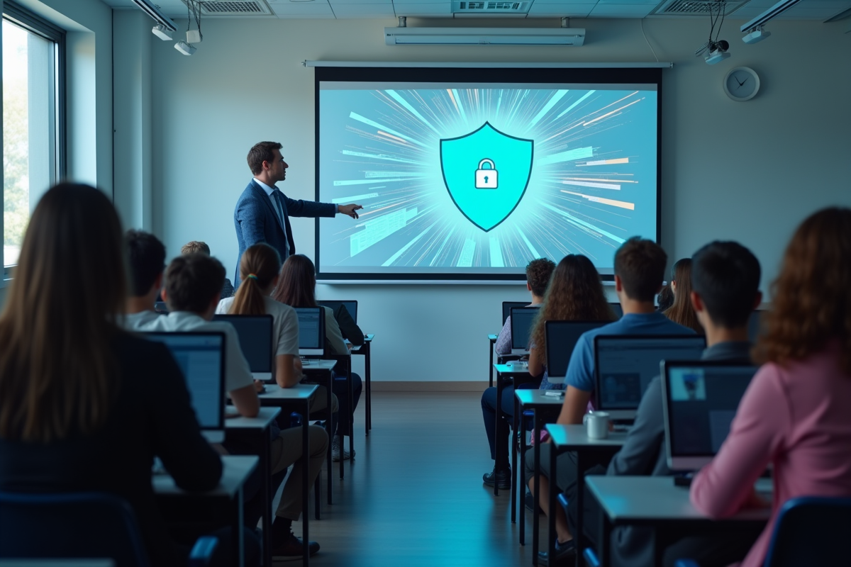 Salle de classe avec étudiants et professeur en cybersécurité