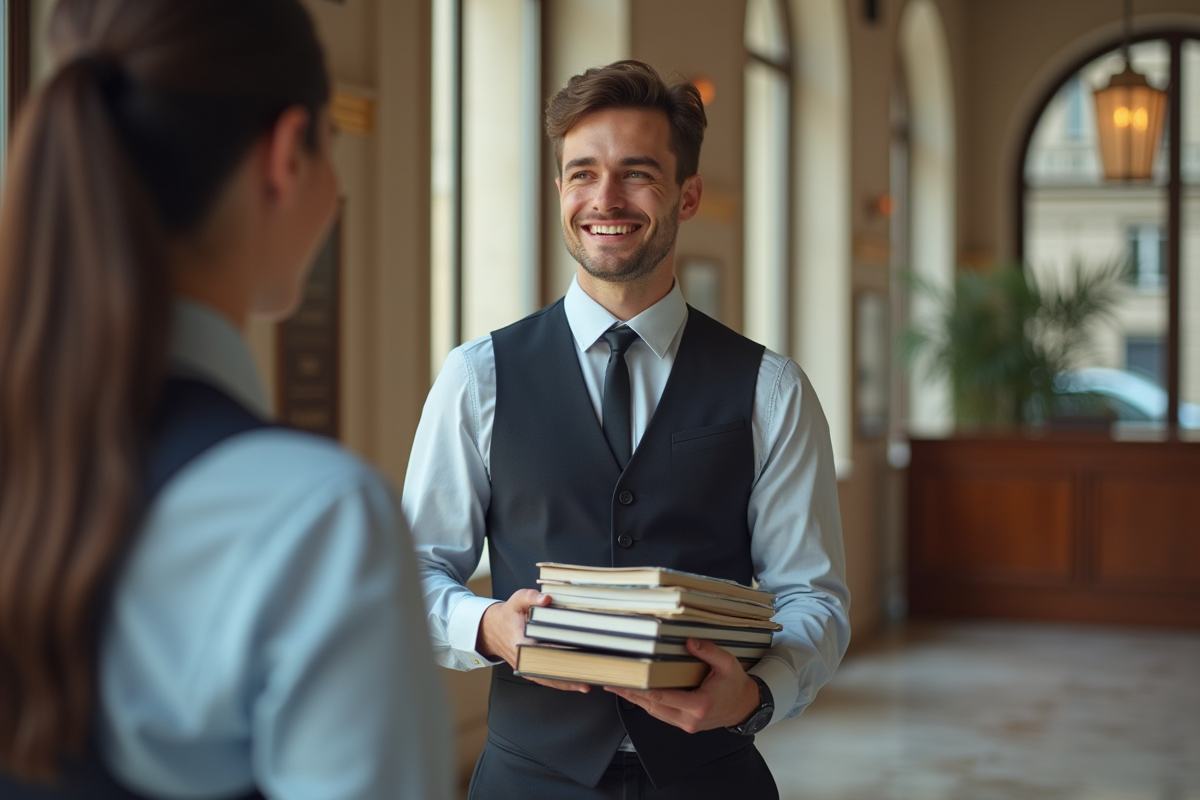 Jeune secretaire souriant avec des dossiers dans un hall