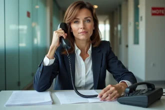 Secretaire en bureau moderne avec téléphone et papiers