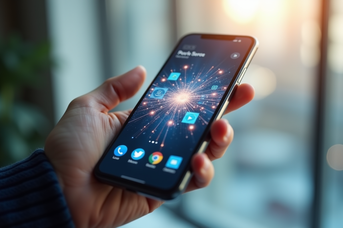 Zoom sur un smartphone avec icônes marketing et notifications sociales