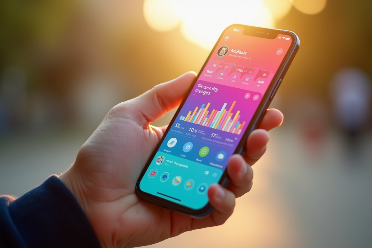 Smartphone affichant une publication sponsorisee avec graphiques colorés