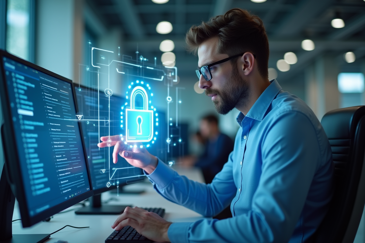 Expert en informatique configurant la sécurité sur un ordinateur