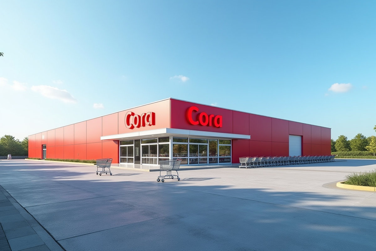 Supermarché Cora avec parking vide en plein jour