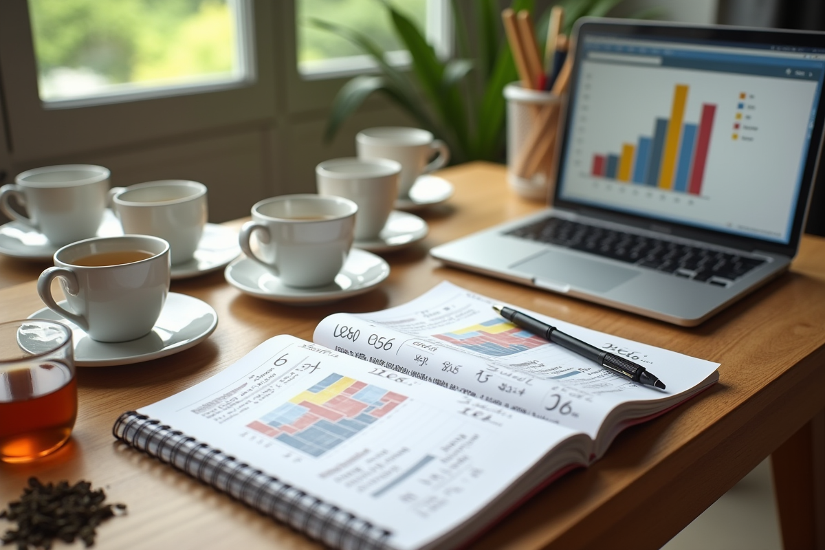 Table de bureau avec tasses de thé et graphique de ventes