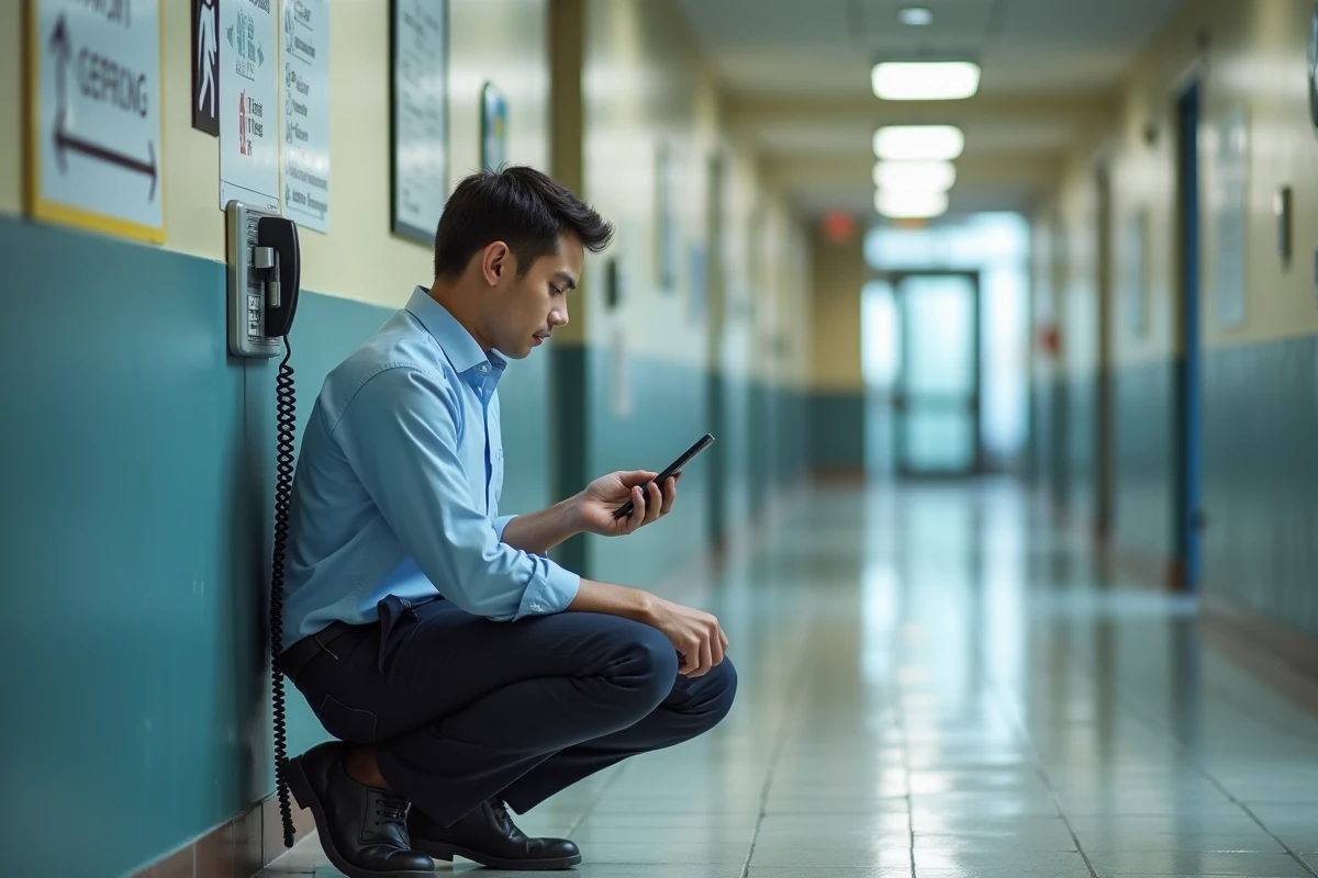 Jeune technicien vérifiant une ligne téléphonique dans un couloir