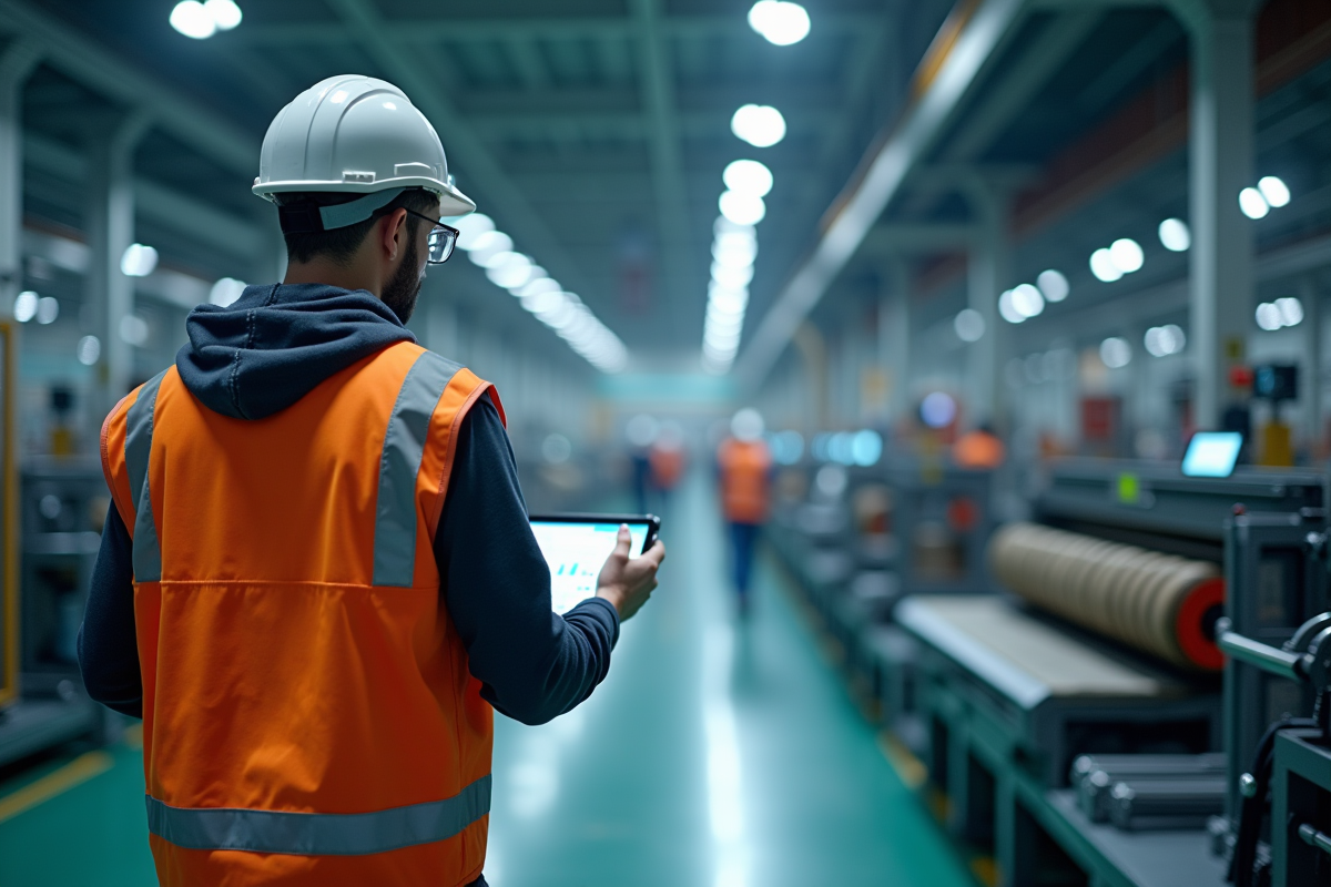 Usine avec machines automatisées et ingénieurs analysant des données