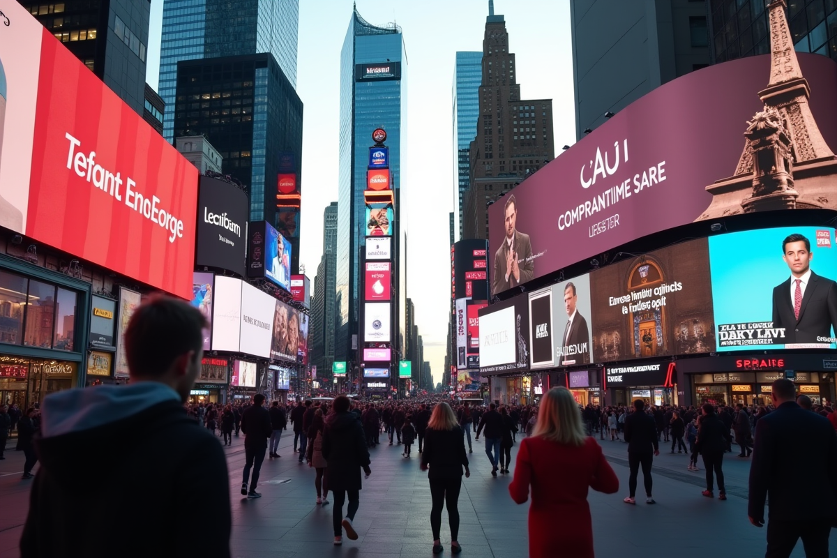 Rue animée avec panneaux publicitaires lumineux et passants distraits